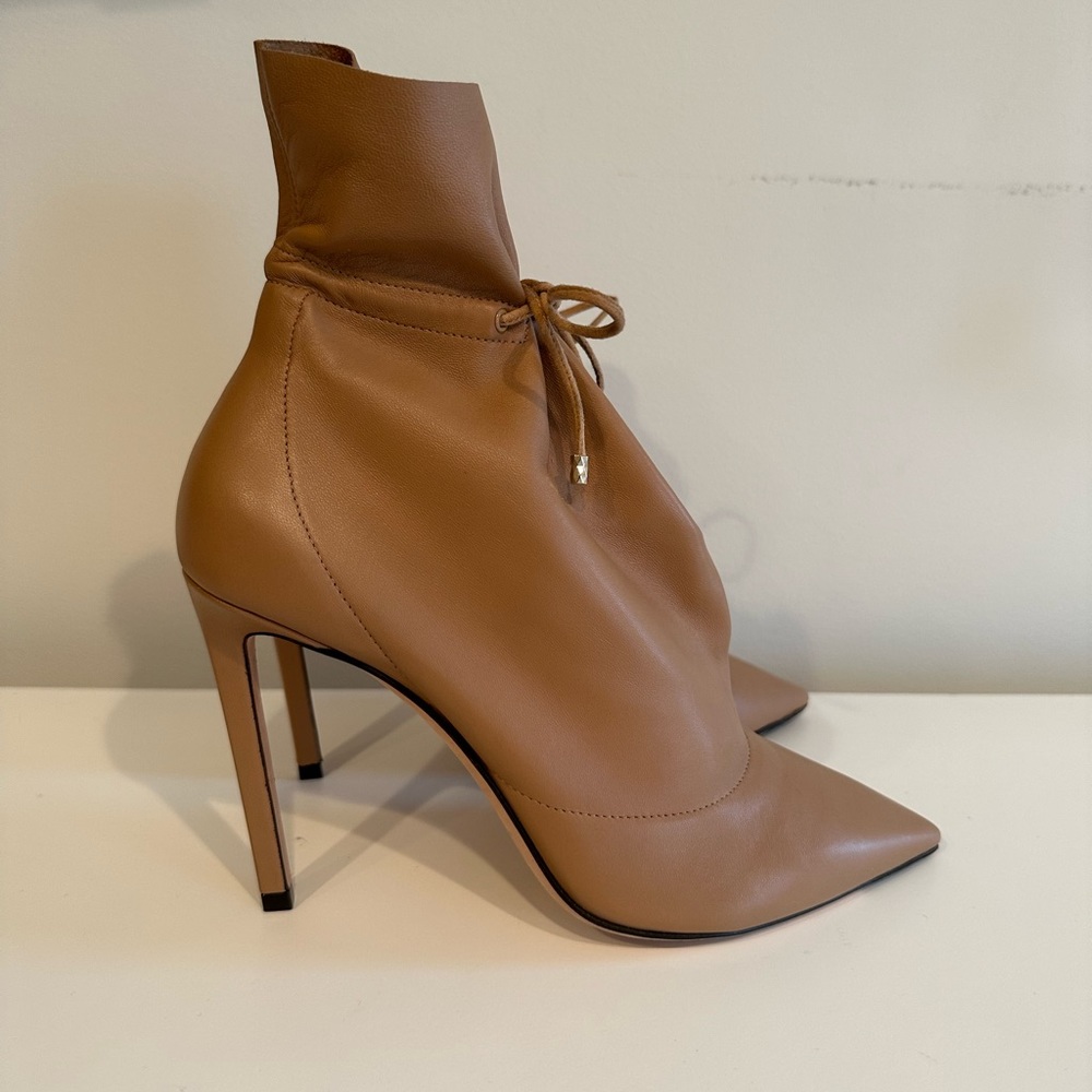 Jimmy Choo Stitch 100 Drawstring Leather Ankle Boots Tan size 39.5 NEVER WORN